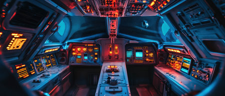 Cinematic interior of a spaceship cockpit with vibrant blinking lightsの写真素材