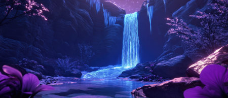 Frozen waterfalls cascade within a vibrant ice cave surrounded by stunning colorsの写真素材