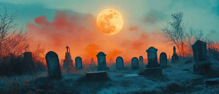 Cinematic view of a graveyard at night under a full moonの写真素材