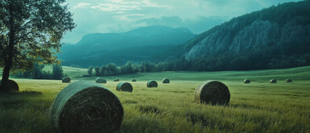 Cinematic view of lush green fields and hay bales under a cloudy sky