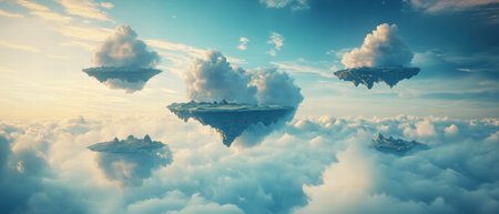Floating islands drift peacefully through a vibrant sky filled with cloudsの写真素材