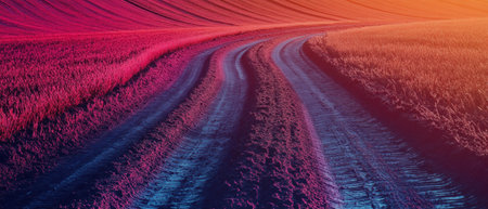 Vibrant field with winding tire tracks at sunset creating a cinematic atmosphereの写真素材