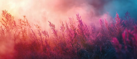 Cinematic field landscape with saturated colors and morning mist in a tranquil settingの写真素材