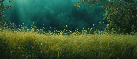 Cinematic field panorama showcasing diverse green hues and vibrant vegetation under soft light