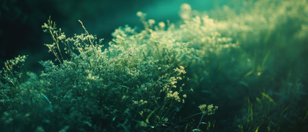 Cinematic view of a field showcasing lush green hues and vibrant flora at dusk