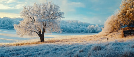 Frost-covered field showcasing vibrant colors and tranquility in a serene landscapeの写真素材