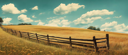 Cinematic field view with a wooden fence and vibrant colors under a blue sky