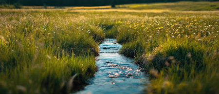 Cinematic view of a lush field with a serene stream flowing through vibrant greeneryの写真素材