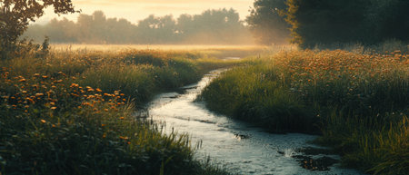 Cinematic view of a serene field with a tranquil stream in lush, vibrant colorsの写真素材