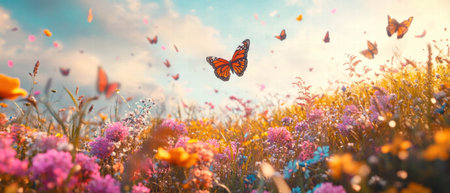 Vibrant field of wildflowers under a bright sky filled with fluttering butterfliesの写真素材