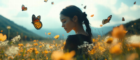 Cinematic view of wildflower field with butterflies and a girl in natureの写真素材
