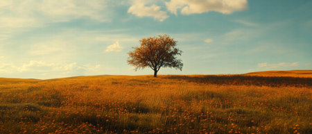 Cinematic view of a vibrant field with a lone tree under a clear blue skyの写真素材
