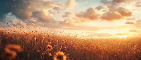 Vibrant field of sunflowers under a dramatic cloudy sky at sunsetの写真素材