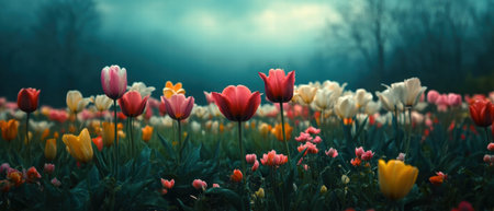 Vibrant field of tulips showcasing a spectrum of colors in a breathtaking landscapeの写真素材