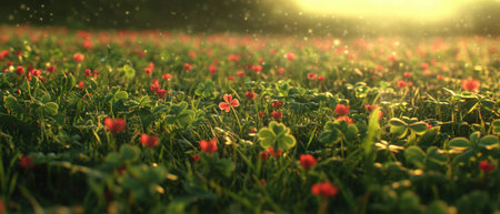 Cinematic view of clover field with vibrant four-leaf clovers under golden sunlightの写真素材