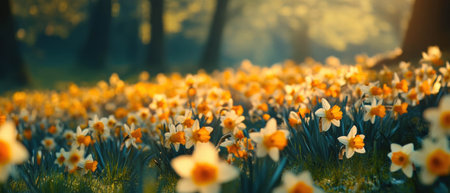 Springtime field filled with vibrant daffodils under soft sunlightの写真素材