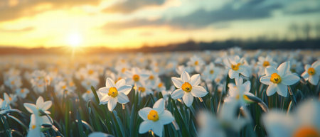 Daffodils bloom in vibrant colors under the spring sunset in a serene fieldの写真素材