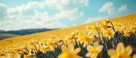 Vibrant field of daffodils blooming under a bright spring skyの写真素材