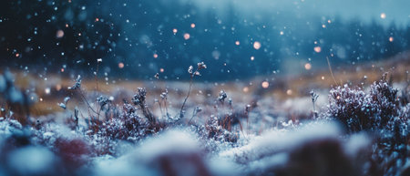 Cinematic view of a snow-covered field showcasing vibrant colors in winter tranquilityの写真素材