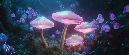 Cinematic view of an enchanting forest filled with giant mushrooms and glowing flowers
