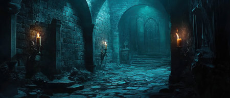 Cinematic dungeon interior with illuminated torches and stone walls in a mystical settingの写真素材