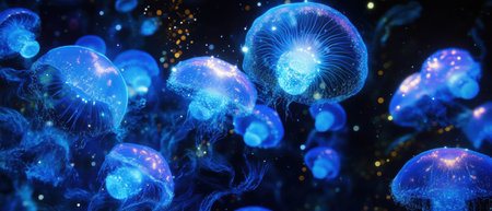 Cinematic deep sea with glowing bioluminescent creatures illuminating dark watersの写真素材