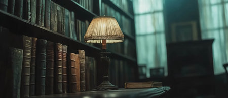 Cinematic shot of a dark castle library filled with ancient books and a dimly lit lampの写真素材