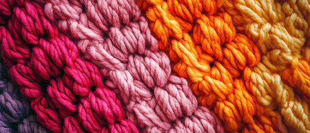 Vibrant crocheted cotton textures in rich, saturated colors showcasing intricate craftsmanship