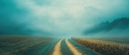 Cinematic view of a cornfield along a winding dirt road at dawn with vibrant colorsの写真素材