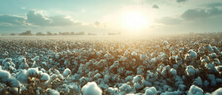 Cinematic landscape of a cotton field with lush white puffs under a bright skyの写真素材