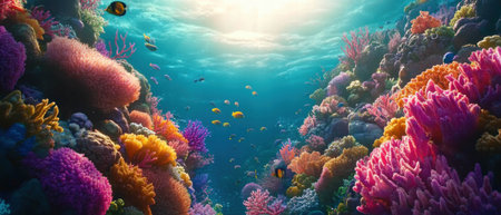 Cinematic view of a vibrant coral reef teeming with life and colorの写真素材