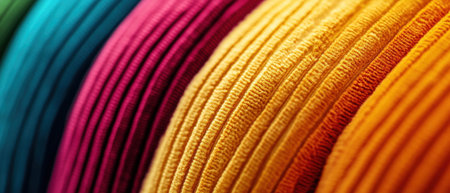 Cinematic close-up of vibrant corduroy fabric presenting rich colors and intricate textureの写真素材