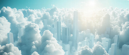Cinematic view of Cloud City with white structures and vibrant clouds over a bright sky