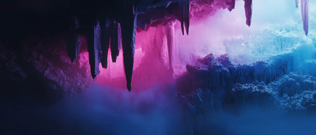 Stalactites and stalagmites glow in vibrant colors within a mysterious cave landscapeの写真素材