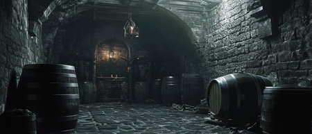 Cinematic view of a historic wine cellar filled with barrels and ancient stone walls