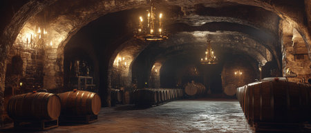 Cinematic view of a historic castle wine cellar filled with aged barrels