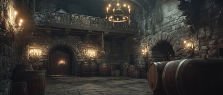 Cinematic view of an ancient castle wine cellar filled with barrels and dim illumination