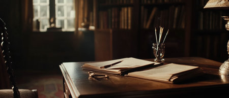 Cinematic view of a castle study highlighting a wooden desk and quill setupの写真素材