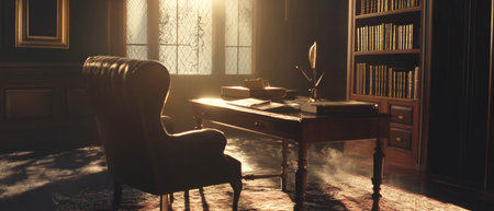 Cinematic view of a castle study featuring a desk and quill in soft lightの写真素材