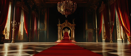 Cinematic depiction of an elaborate castle throne room featuring a grand throneの写真素材