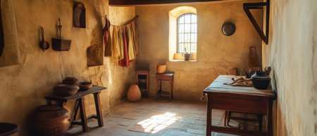 Cinematic view of castle servants quarters showcasing simple furniture and small roomsの写真素材