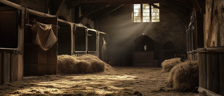 Cinematic view of an old castle stable featuring horse stalls and piles of hayの写真素材