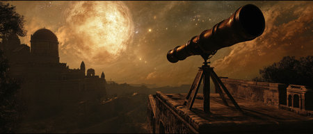 Cinematic view of a castle observatory featuring a telescope under a dramatic sky