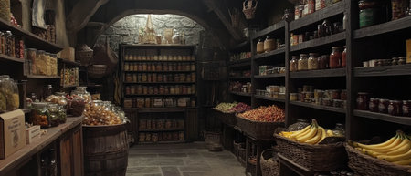 Cinematic depiction of a castle pantry filled with food supplies and shelves of ingredientsの写真素材