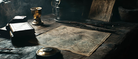 Cinematic view of a castle guardroom filled with ancient maps and weaponryの写真素材
