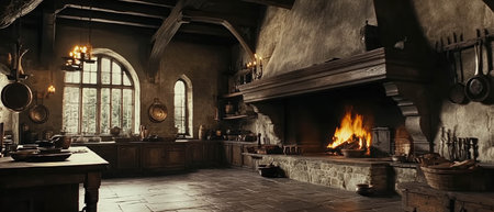 Cinematic view of a historic castle kitchen showcasing a large fireplace and cooking toolsの写真素材