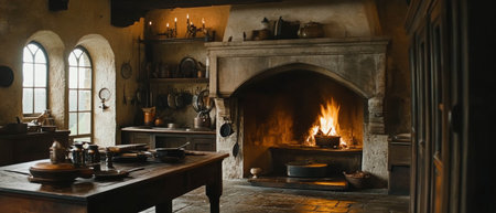 Cinematic view of a rustic castle kitchen showcasing a large fireplace and cooking utensilsの写真素材