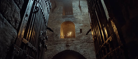 Cinematic view of an ancient castle gatehouse featuring a detailed portcullisの写真素材