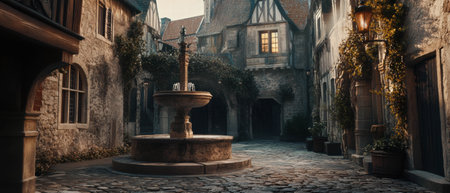 Cinematic view of a castle courtyard featuring a beautiful fountain and cobblestone pathの写真素材