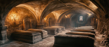 Cinematic view of ancient castle crypt featuring stone coffins and arching ceilingsの写真素材